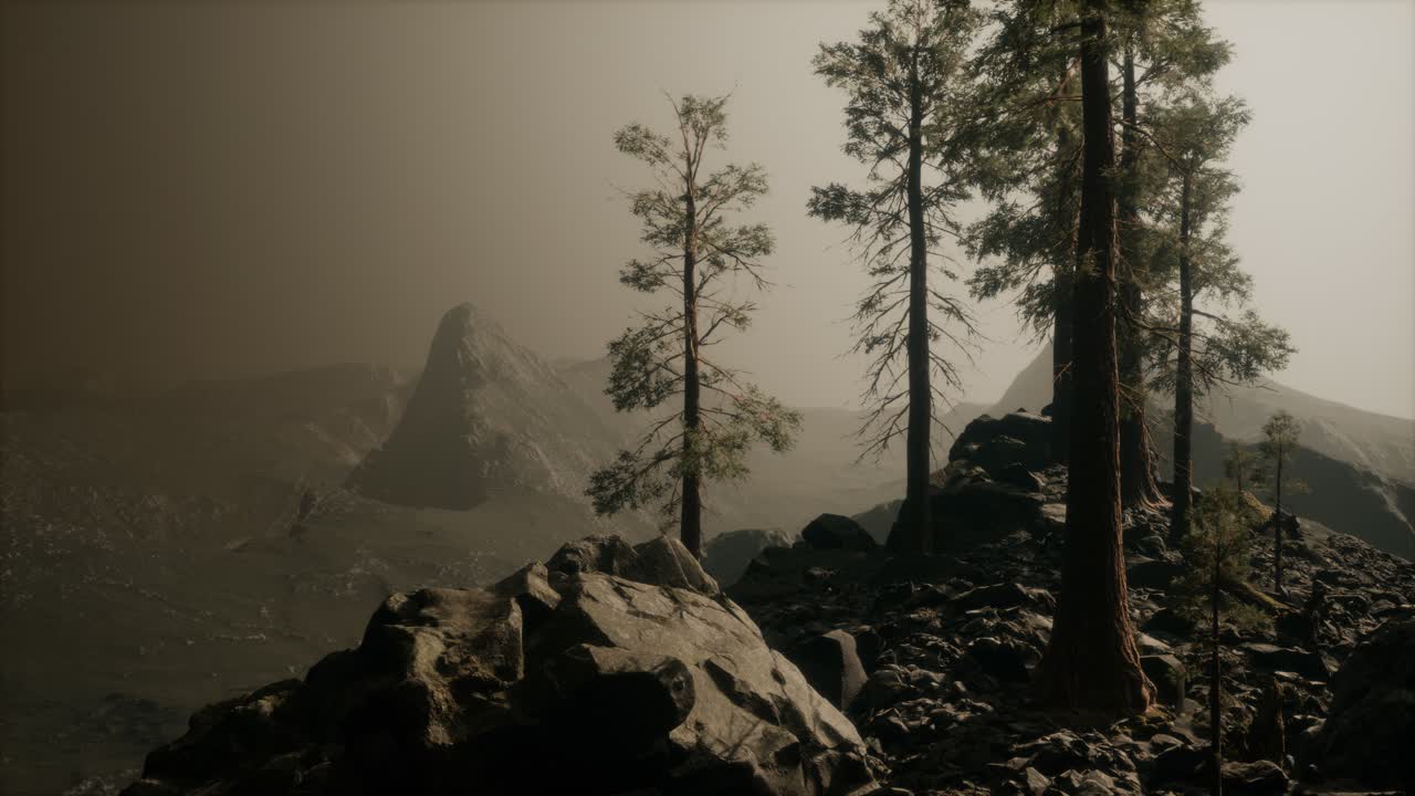 árboles en la niebla en las montañas