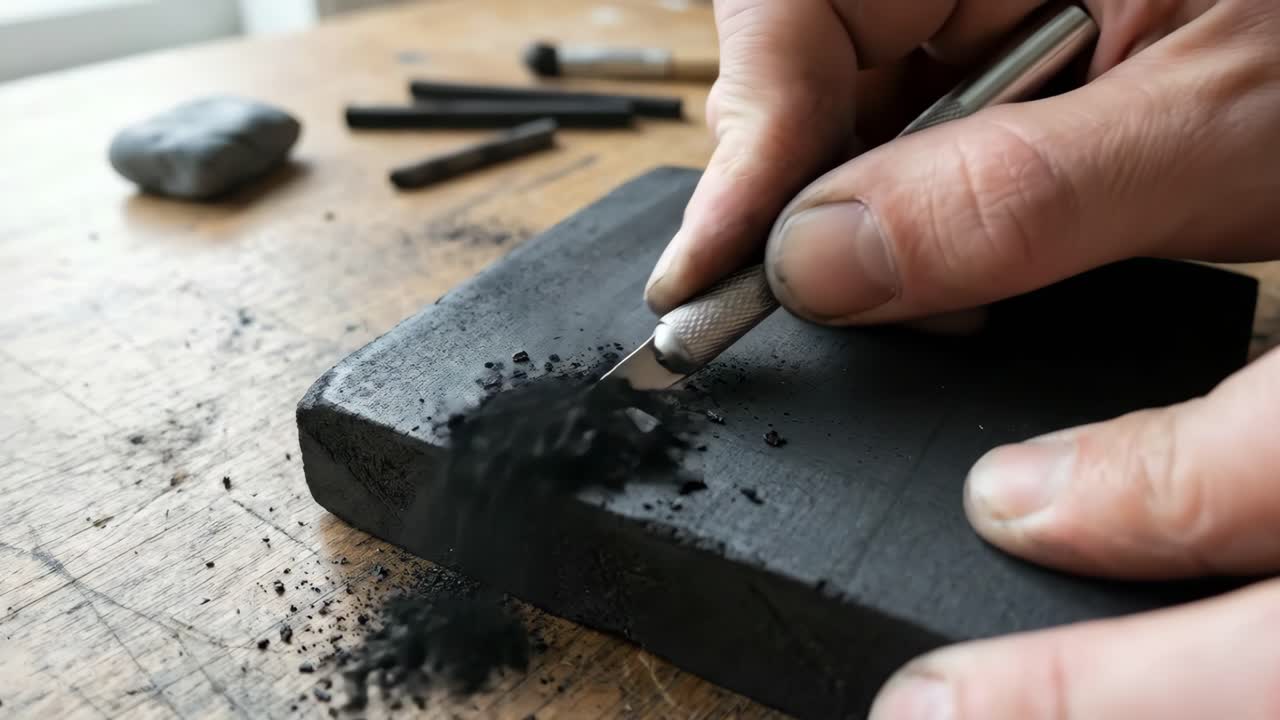 Primo piano di mani che intagliano un blocco di carbone con un coltello da intaglio
