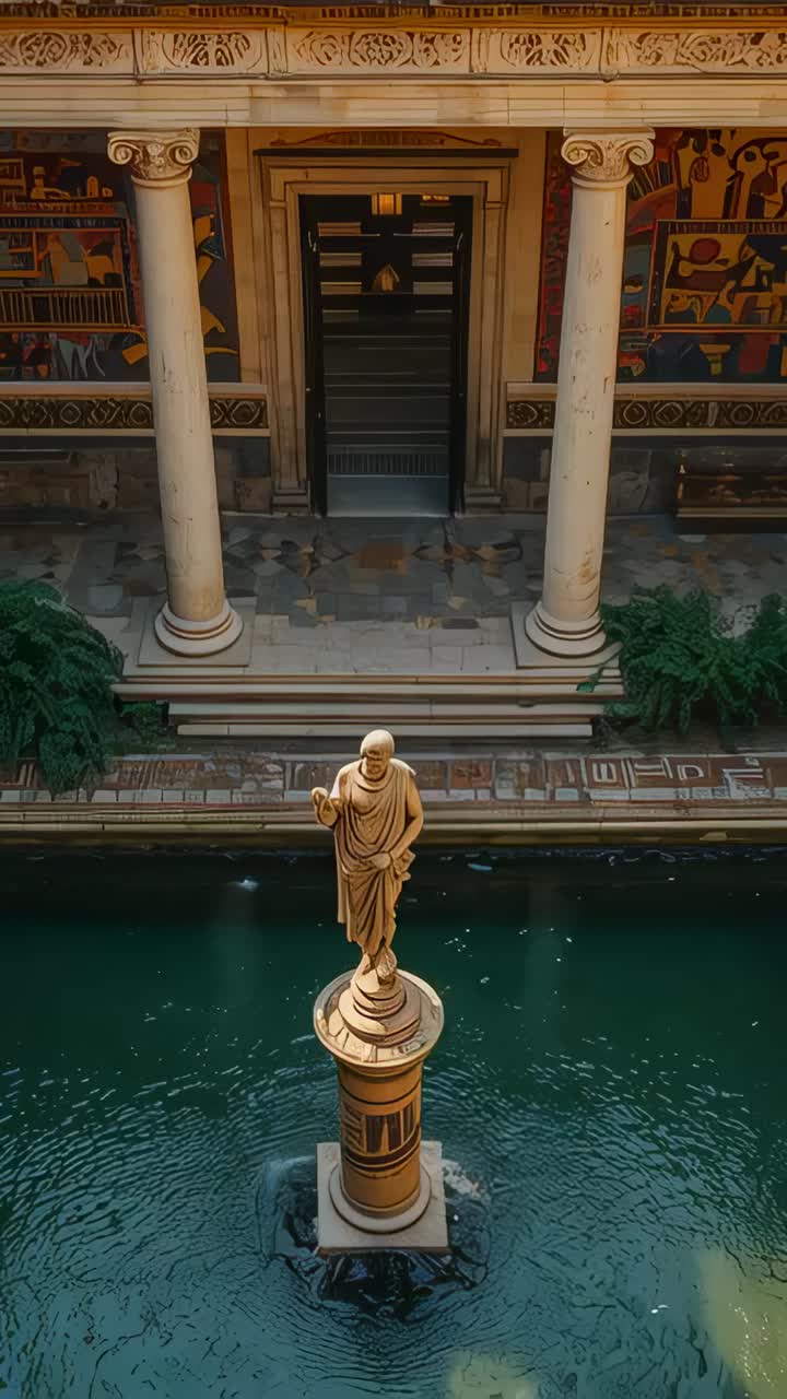 Vertical video: Pulling camera revealing robed statue on pool at courtyard, with columns and murals