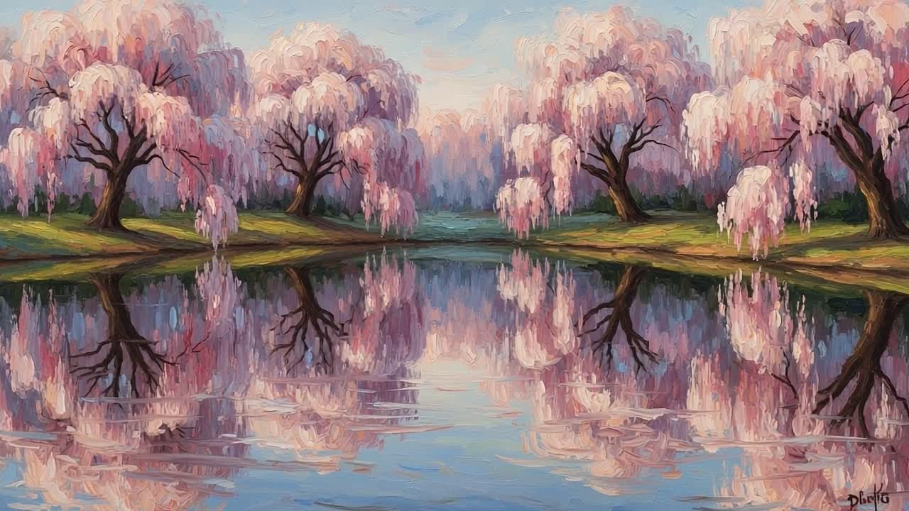 A Serene Spring Landscape Featuring Elegant Willow Trees with Pink Blossoms Reflected in a Tranquil Lake, Captured in Vibrant Brushstrokes and Rich Colors