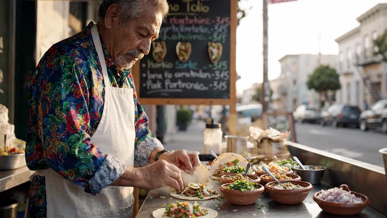 An Artisan Chef Skillfully Prepares Street Tacos with Fresh Ingredients at a Colorful Food Stall in the Heart of a Bustling City Environment