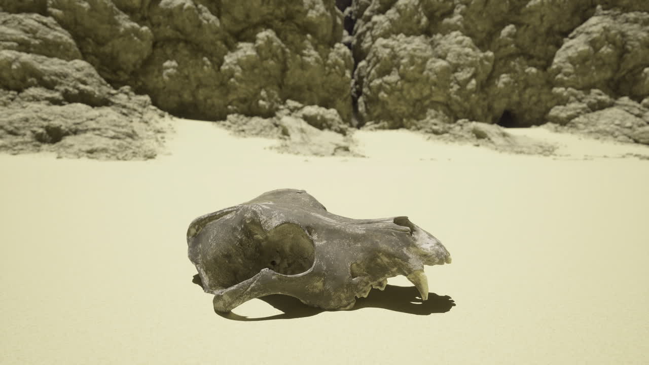 Dolphin skull discovered on a sandy beach near rocky cliffs in bright sunlight