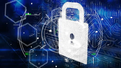 animazione della scansione dell'ambito con lucchetto di sicurezza online e rete di connessioni