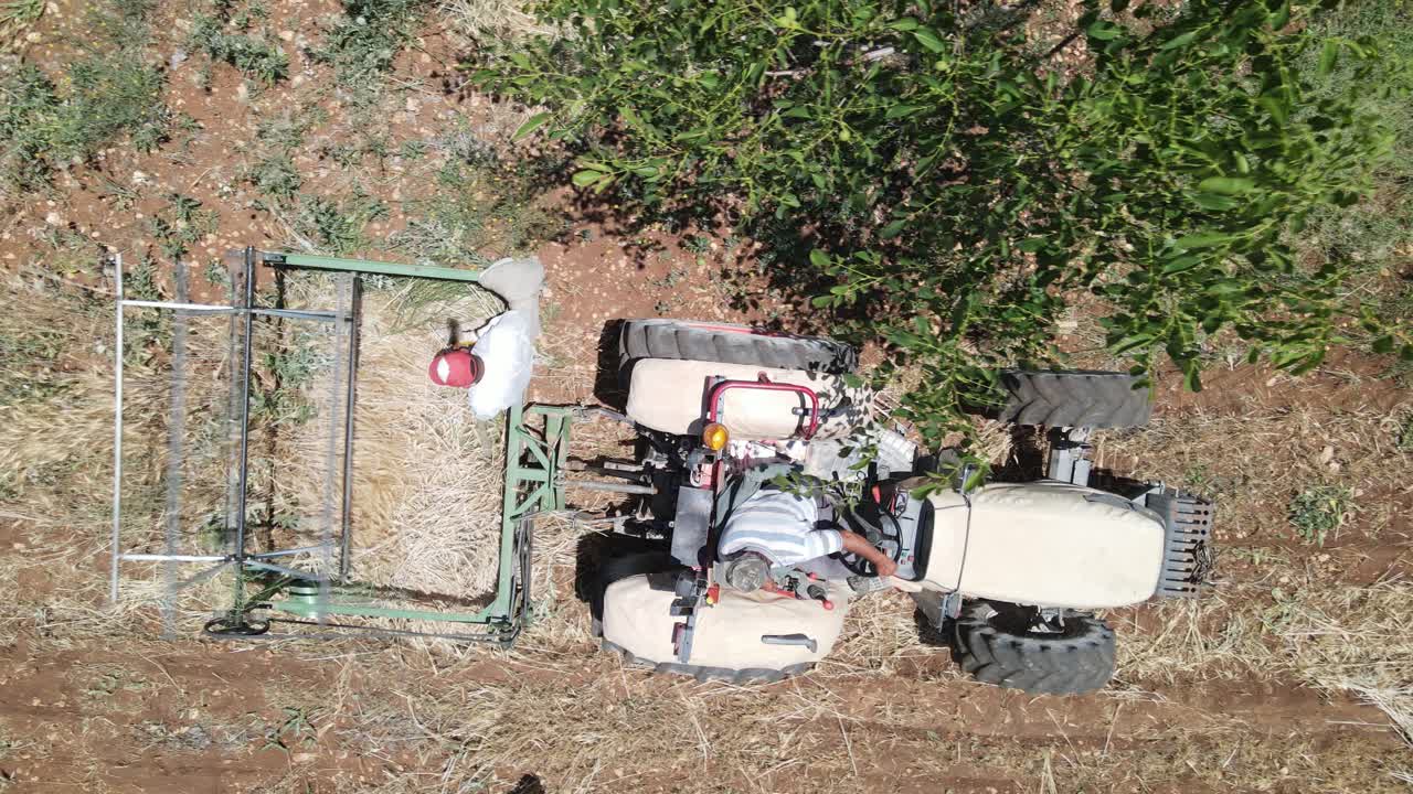 agricultores cosechando con tractor