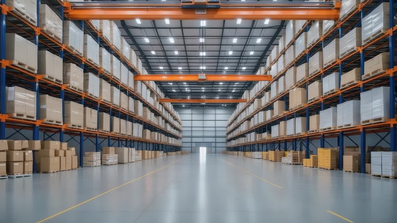 Spacious Modern Warehouse with Rows of Pallet Racking and Boxes