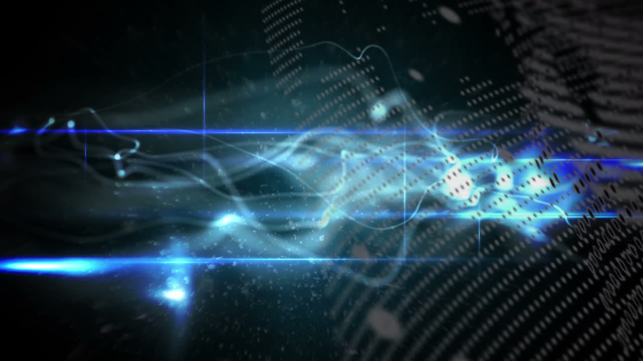 ondas digitales azules y rastros de luz sobre el globo giratorio contra un fondo negro