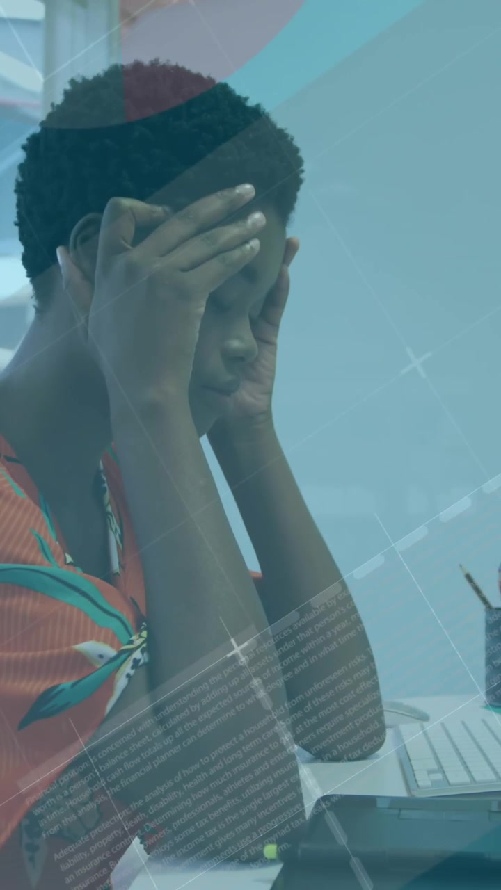 Animation of infographic interface over tired african american woman working on desktop in office