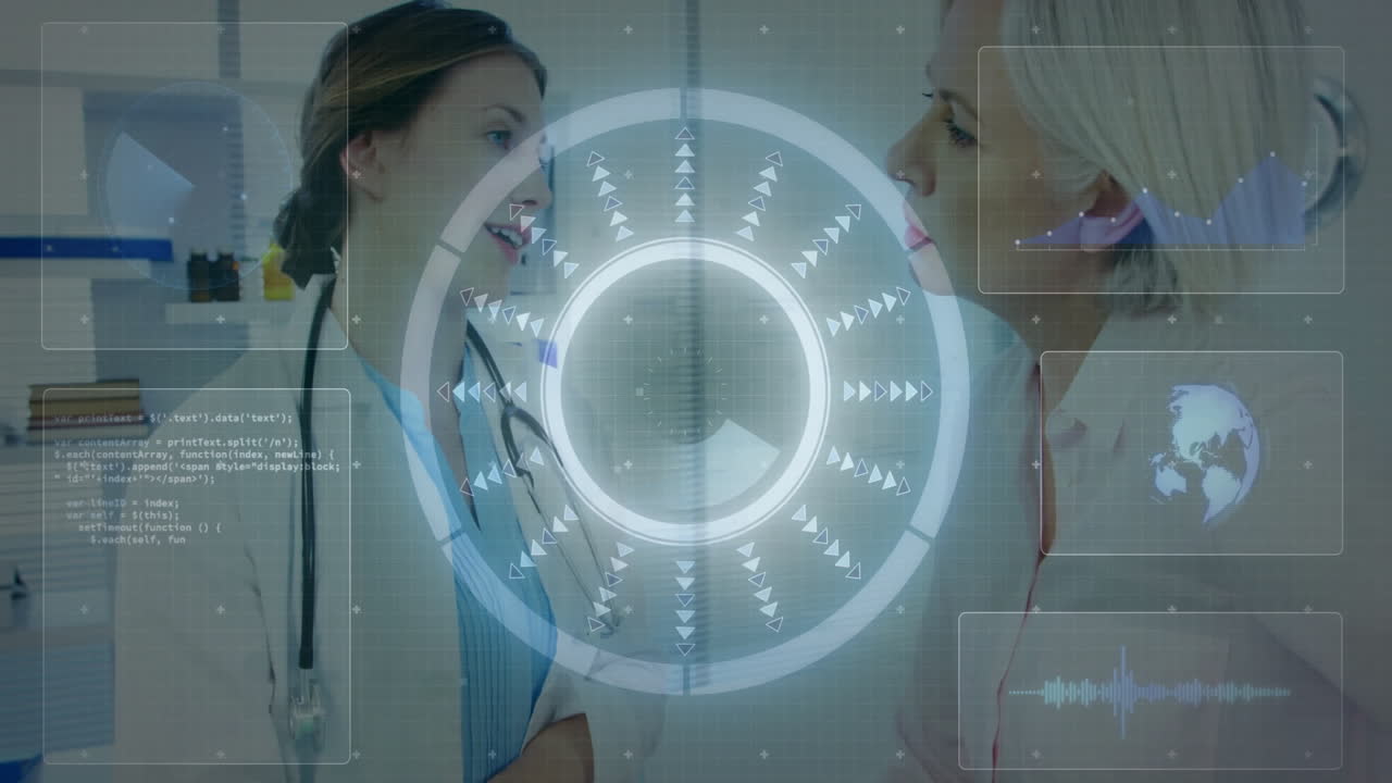 Discussing animation, medical professionals using digital interface with data in office