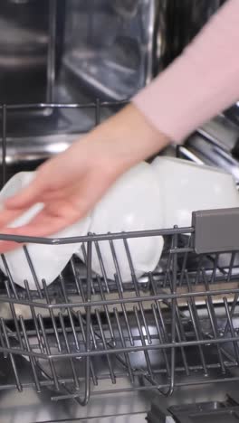 vertical video of a woman unloading clean dishes from the dishwasher