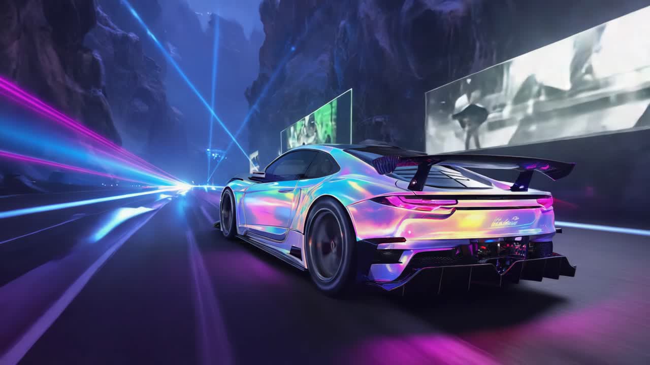 A sports car driving on a road at night