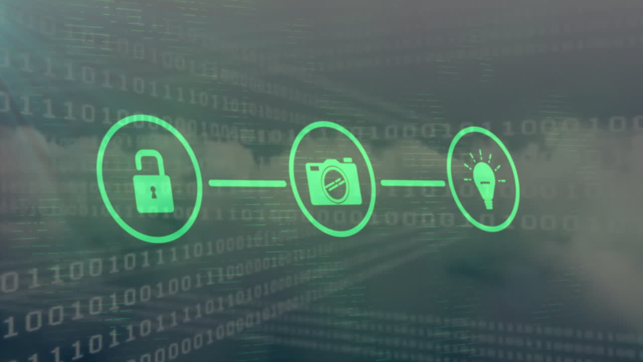 Animation of icons with connections over binary coding digital data processing on cloud background
