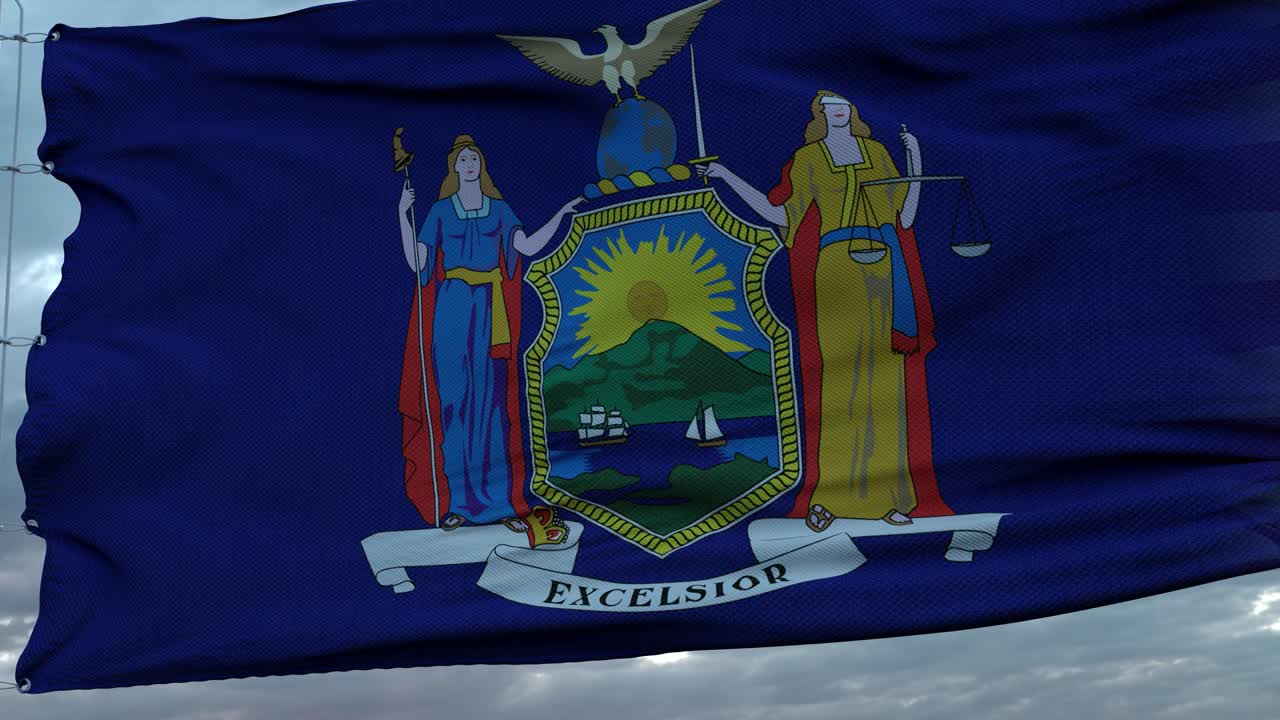 USA and New York Mixed Flag waving in wind. New York and USA flag on flagpole