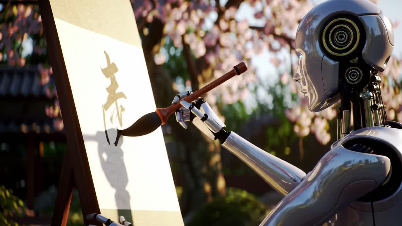 A robot artist delicately paints calligraphy in a serene garden adorned with cherry blossom trees. The harmonious environment enhances the creative process.