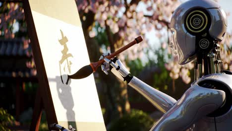 a robot artist delicately paints calligraphy in a serene garden adorned with cherry blossom trees. the harmonious environment enhances the creative process.