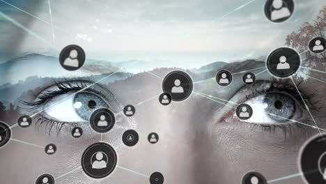 animation of network of connections with people icons over woman's face