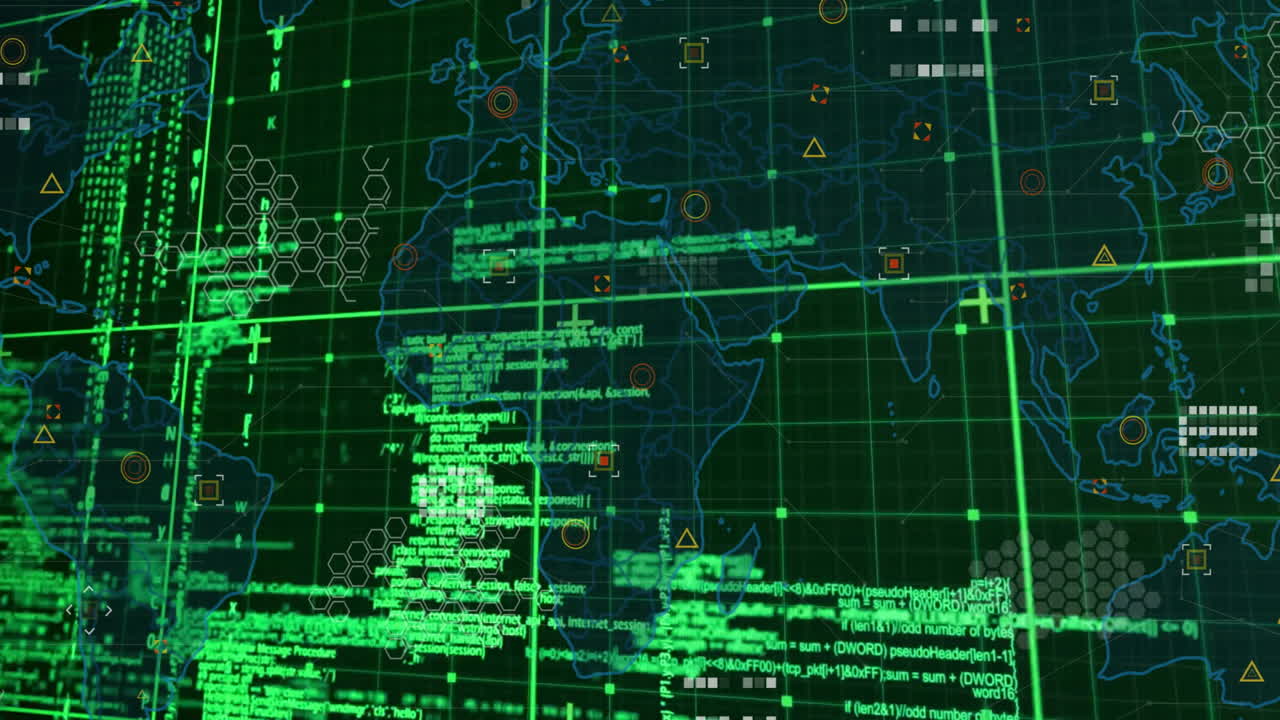 Digital world map with green coding and data processing overlay animation