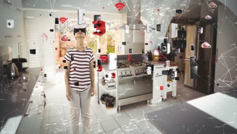 woman using virtual reality headset with digitally generated icons 4k