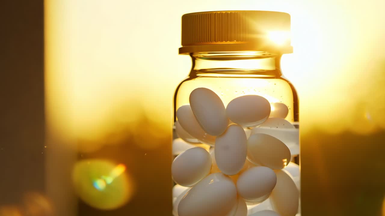 pastillas blancas en una botella al atardecer
