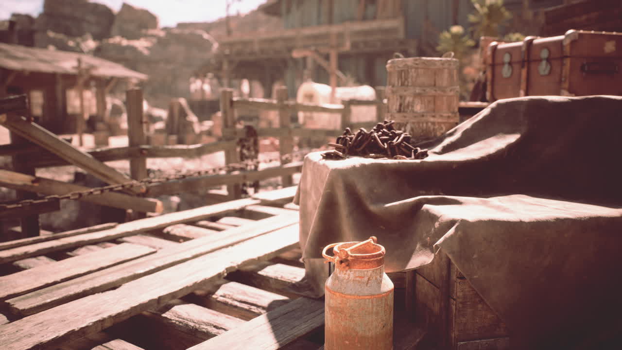 Rustic market display with milk jug and spices in a western setting