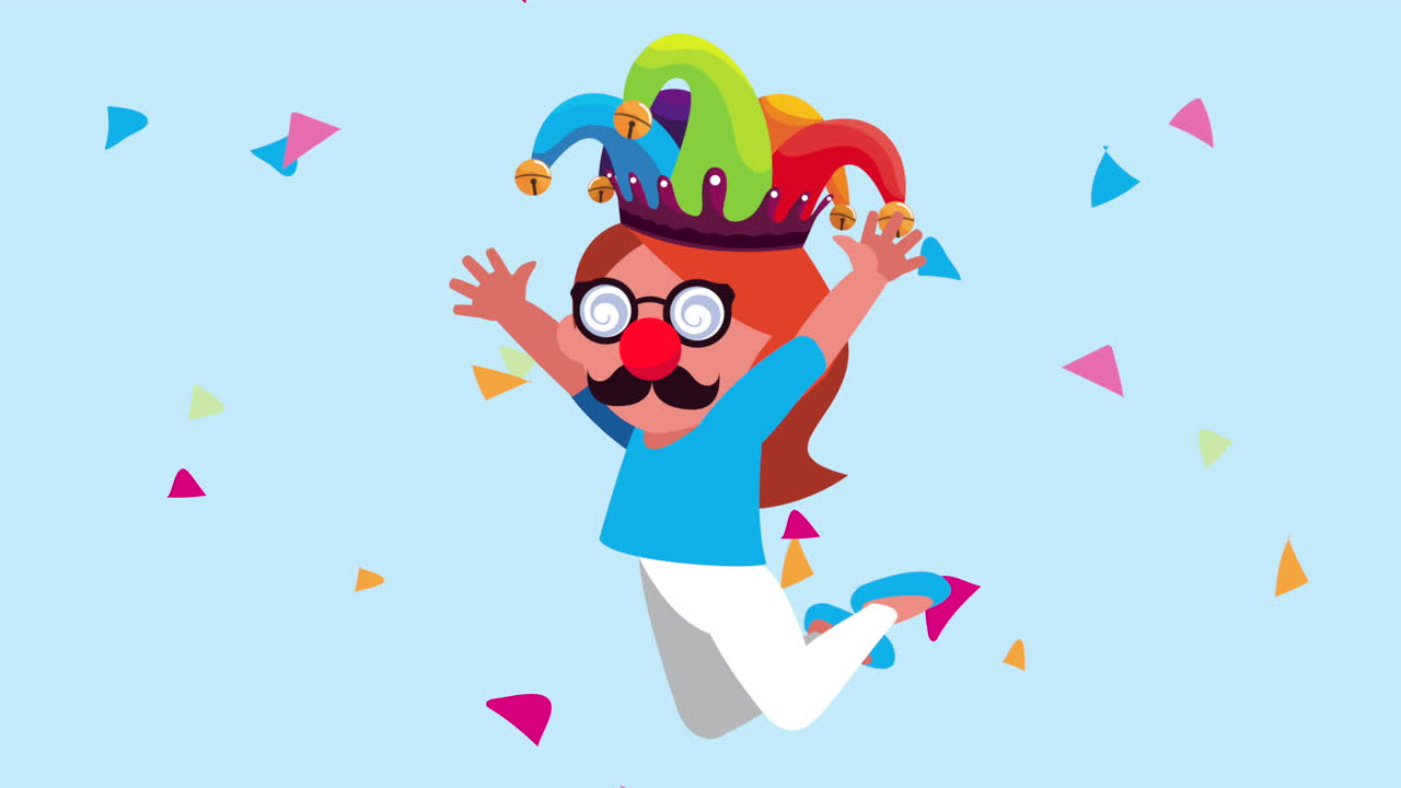 una niña riendo con un personaje de máscara graciosa