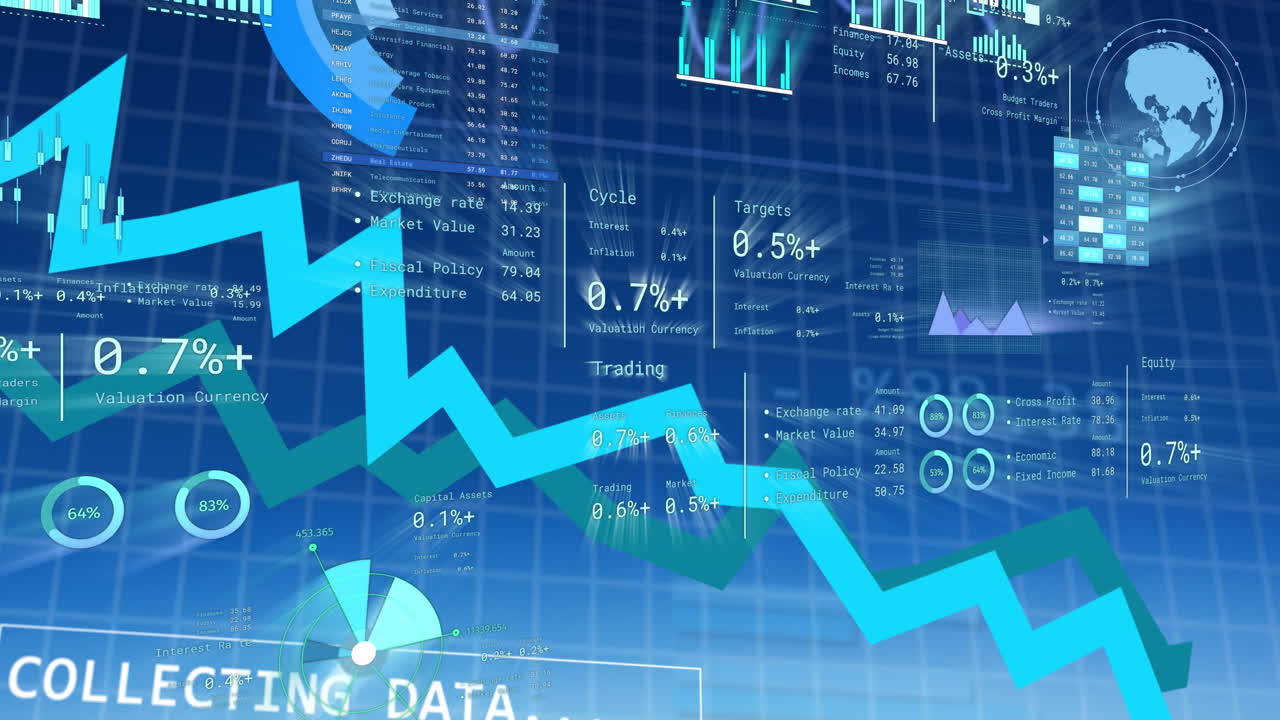 Animation of financial data processing over blue background