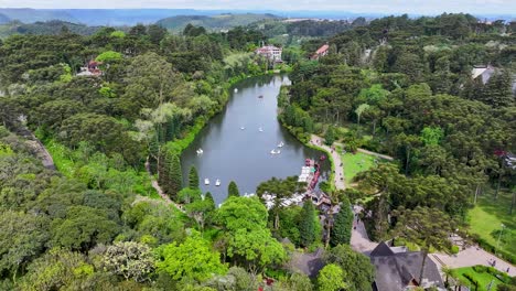 aerial view of a serene lake surrounded by lush forest and buildings