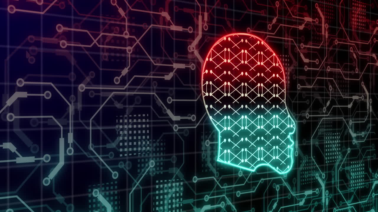 animación de cabezas y formas digitales a través de una red de conexiones.