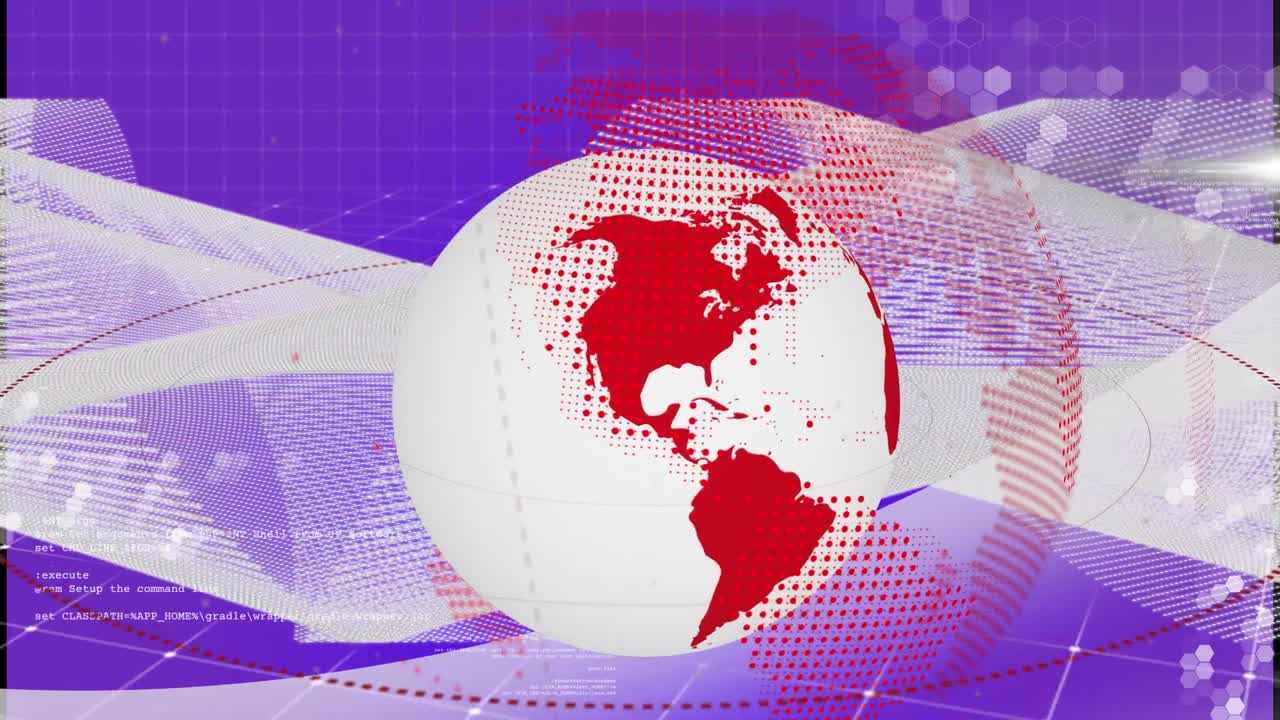 animación de globo giratorio y ondas digitales contra un fondo púrpura