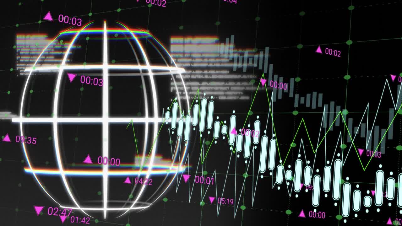 검은색 배경에 있는 데이터, 그래프 및 지구의 애니메이션