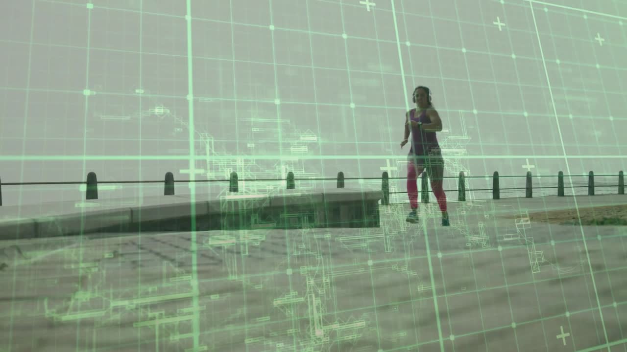 Runner appearing right running toward camera crossing ledge to show fitness data with green overlay