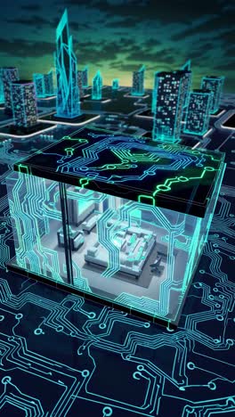 futuristic cityscape video concept with a high-angle view of a digital cube room, featuring glowing