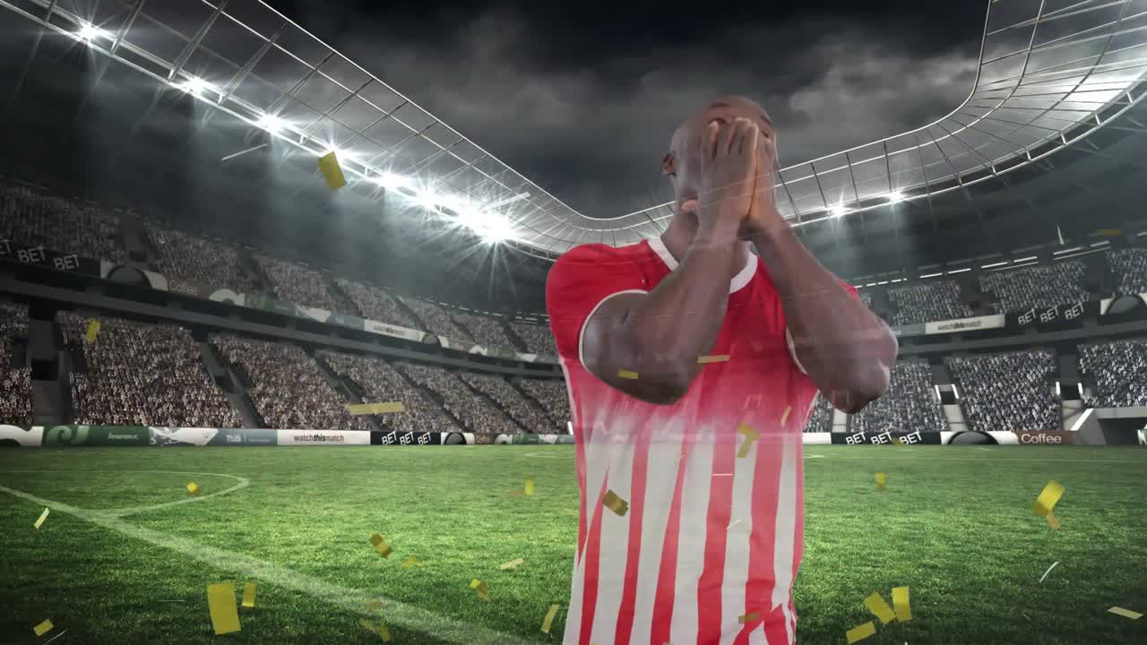 animación de confeti sobre un jugador de fútbol afroamericano sonriendo