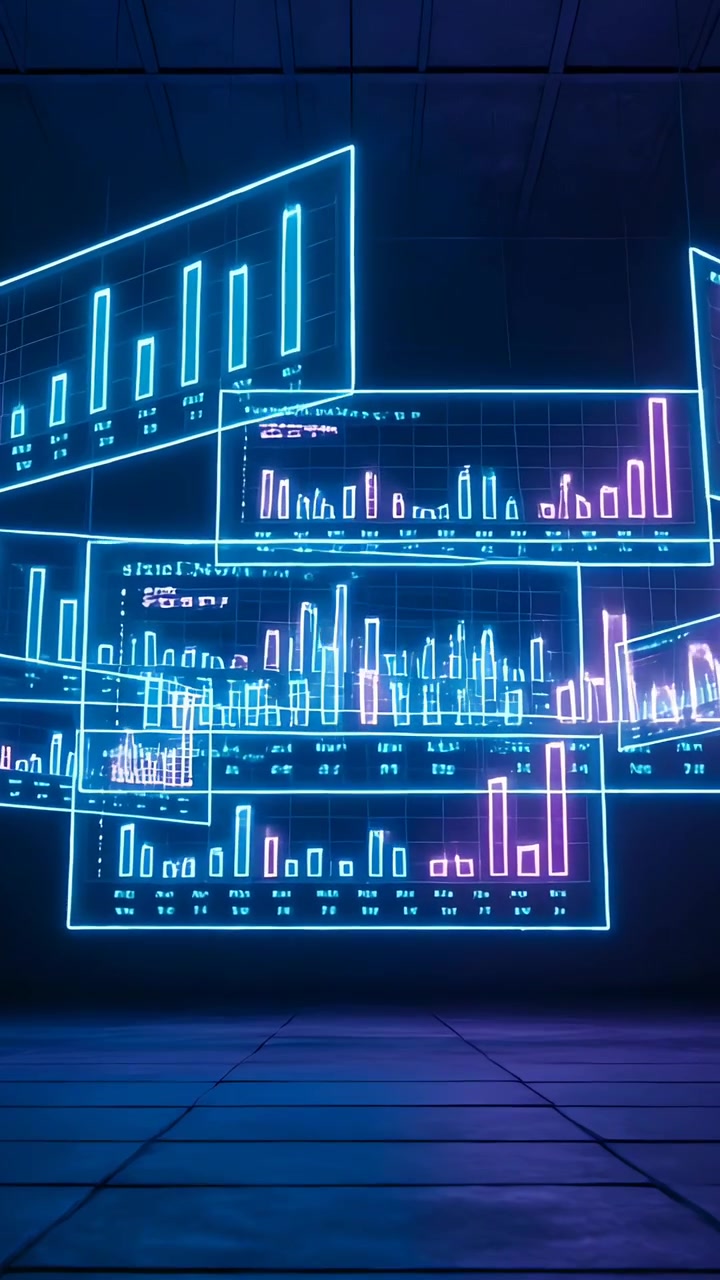 Vertical video: Animation starting, neon panels floating in tech room, bars rising, revealing depth
