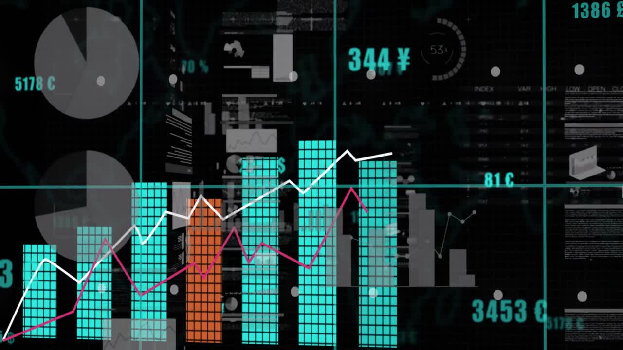 animación de gráficos, datos y números en pantalla digital negra