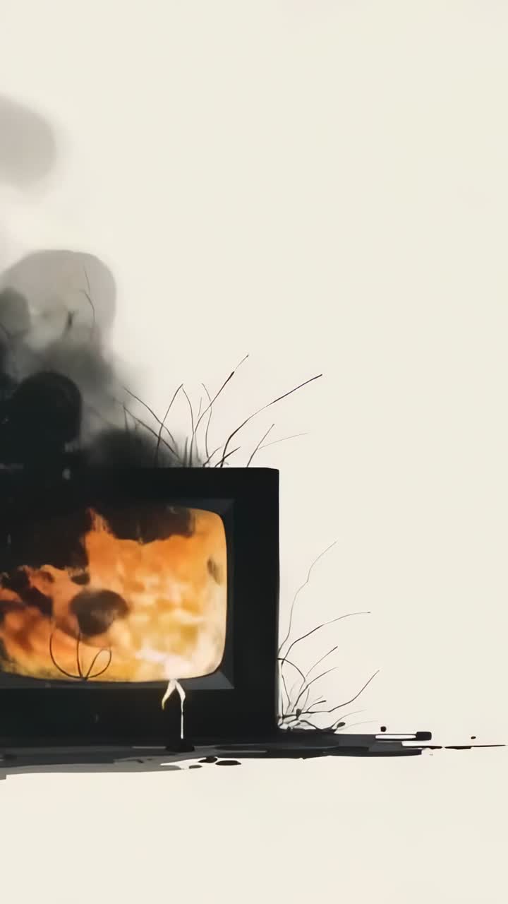 Vertical video: Flames flickering on CRT TV melting casing and releasing smoke on off-white surface