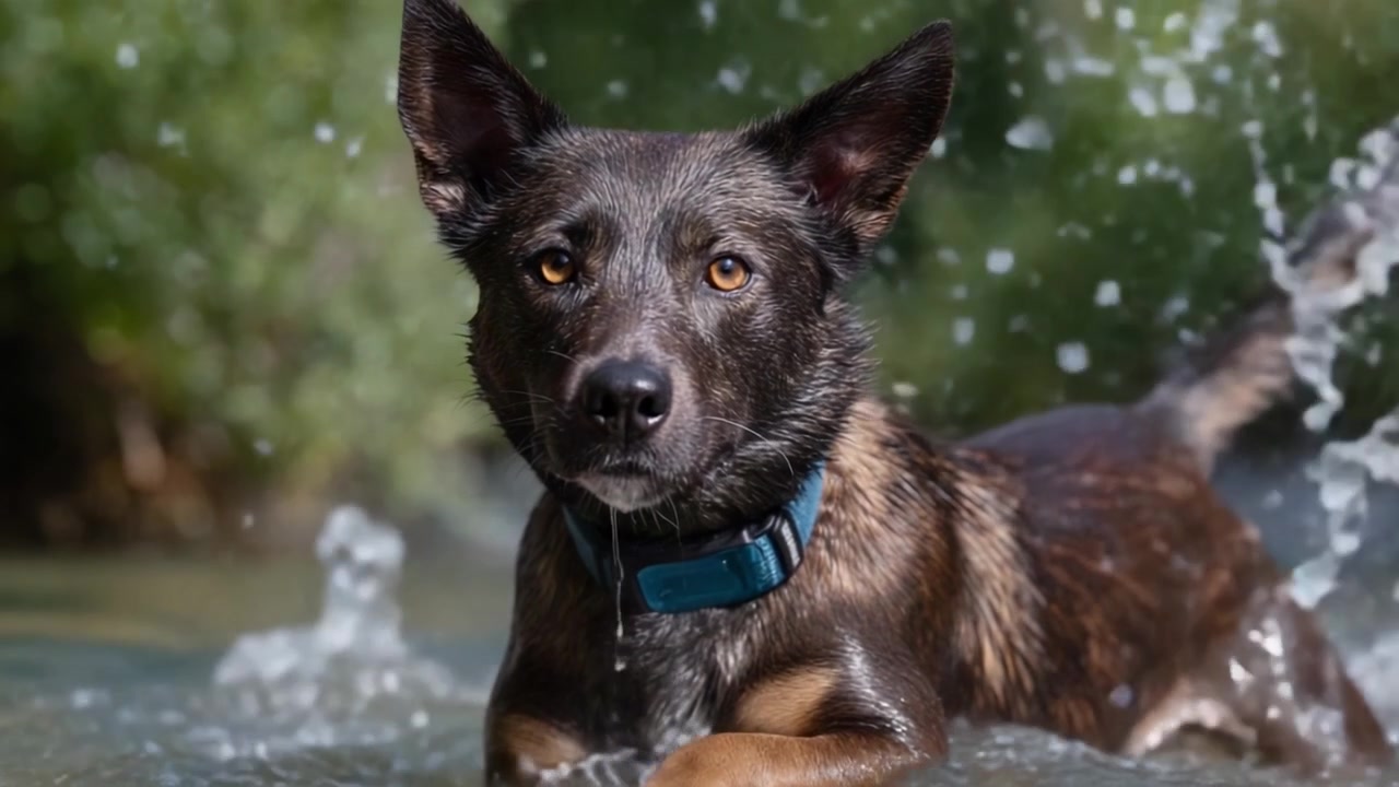Un cane giocoso che si diverte a sguazzare in un fiume, mostrando il suo pelo vivace e i suoi occhi accattivanti contro uno sfondo di vegetazione lussureggiante e acqua.