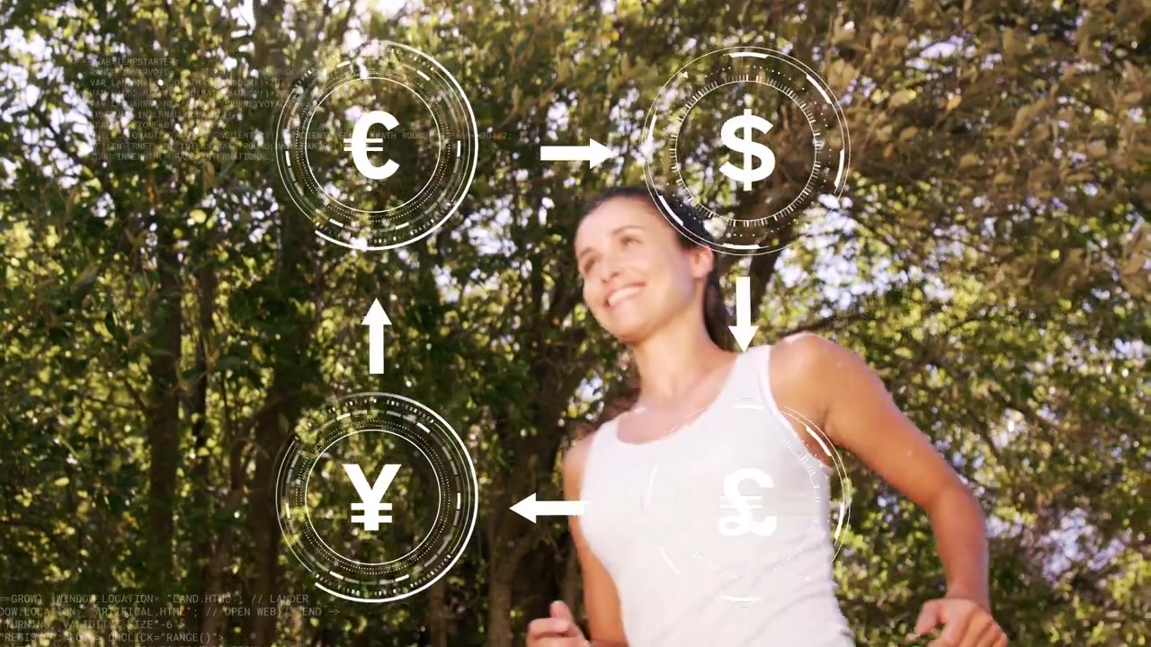 Corredora passando por uma sobreposição HUD que exibe e anima quatro símbolos de moeda para finanças.
