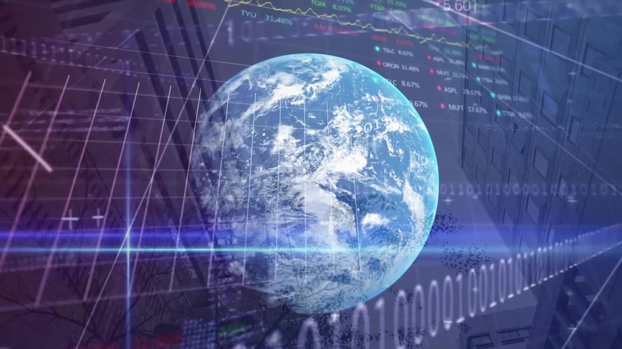 Animation of office buildings, binary coding, financial data processing over globe