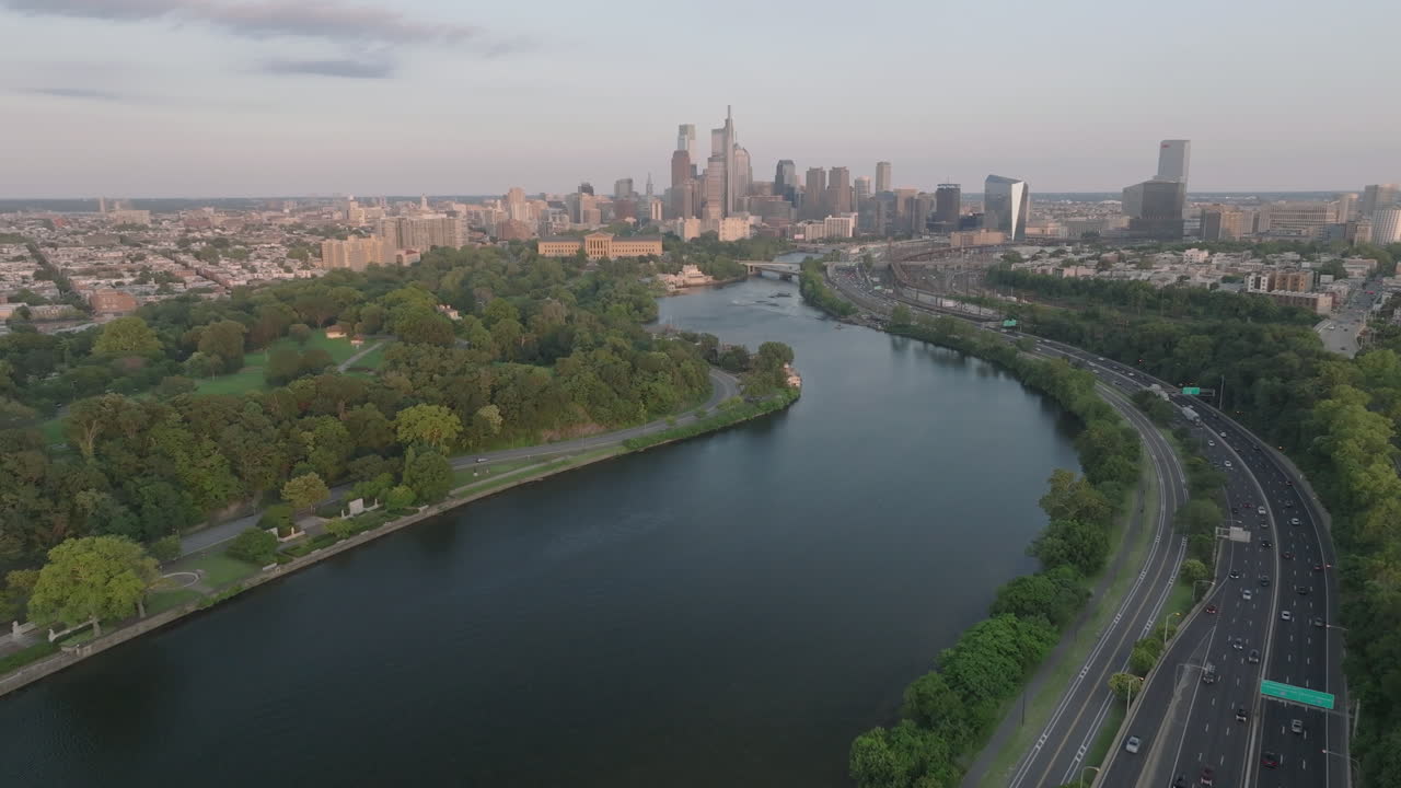 Aerial view of Downtown Philadelphia. Shot along the Schuylkill River on a summer day