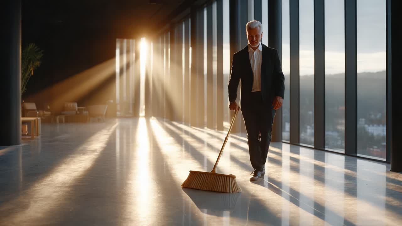 A Businessman Sweeping the Floor in a Modern Building, Bathed in Beautiful Sunlight and Shadow Patterns, Representing Hard Work and Dedication to Cleanliness