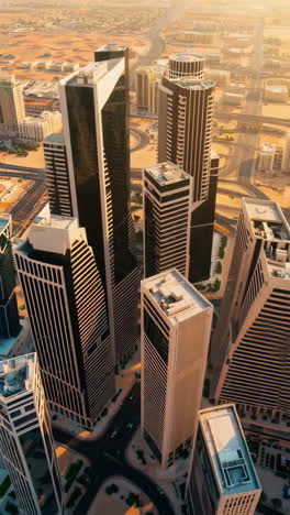 aerial view of a modern cityscape at golden hour