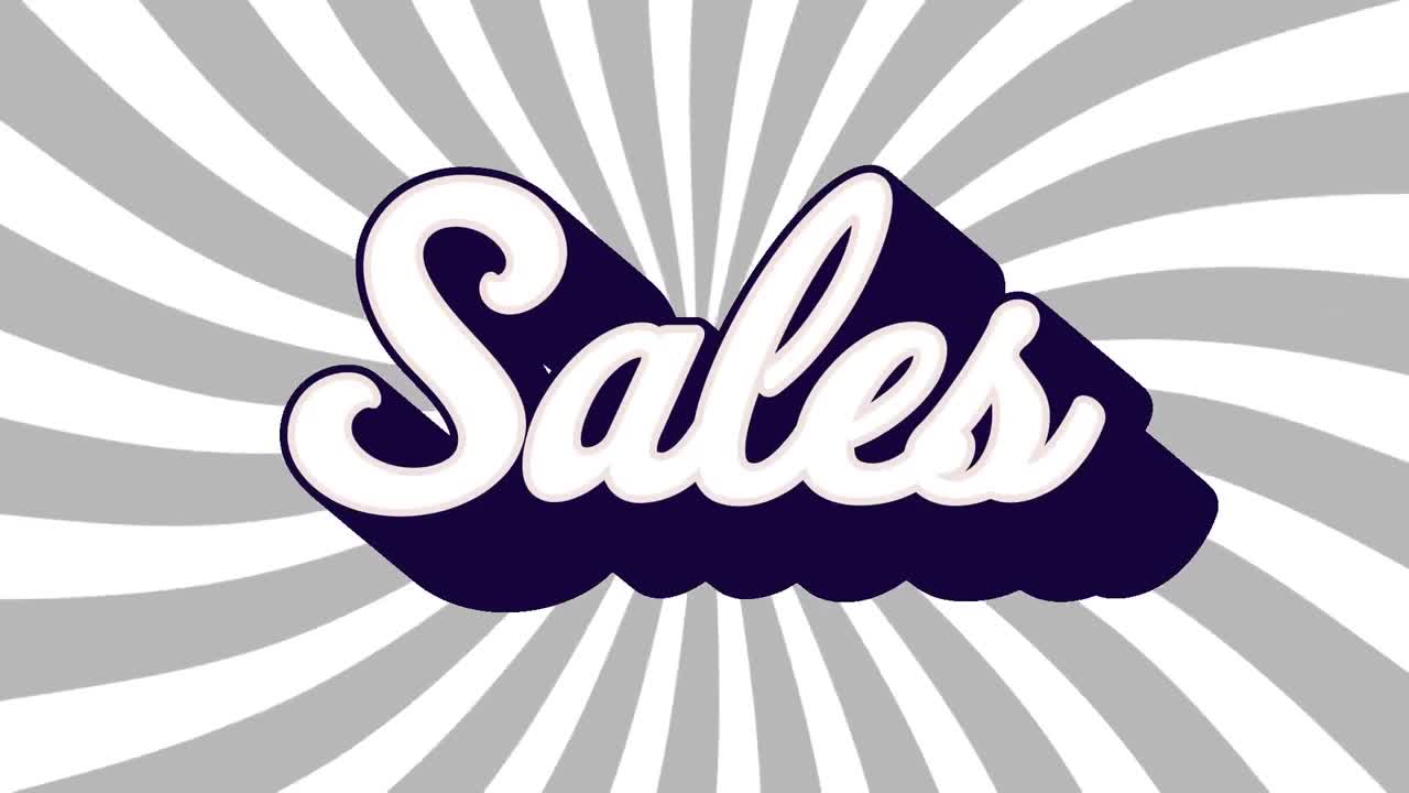 animación de ventas texto blanco sobre rayas grises girando sobre fondo blanco