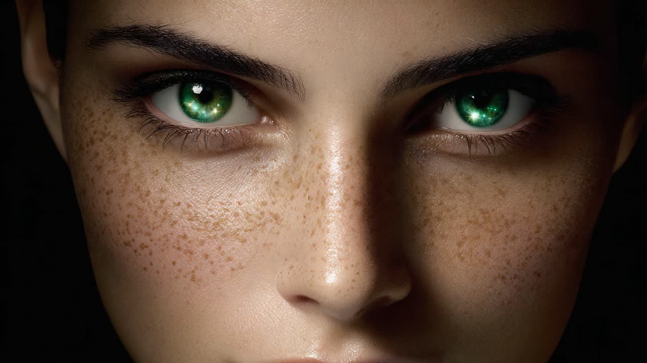 Captivating Close-Up of an Individual with Striking Green Eyes and Freckles, Showcasing Unique Features and Expressions in Dramatic Lighting