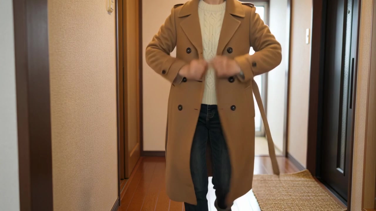 Donna che afferra il cappotto e lo indossa, uscendo mentre si avvicina alla telecamera in uno stretto corridoio.