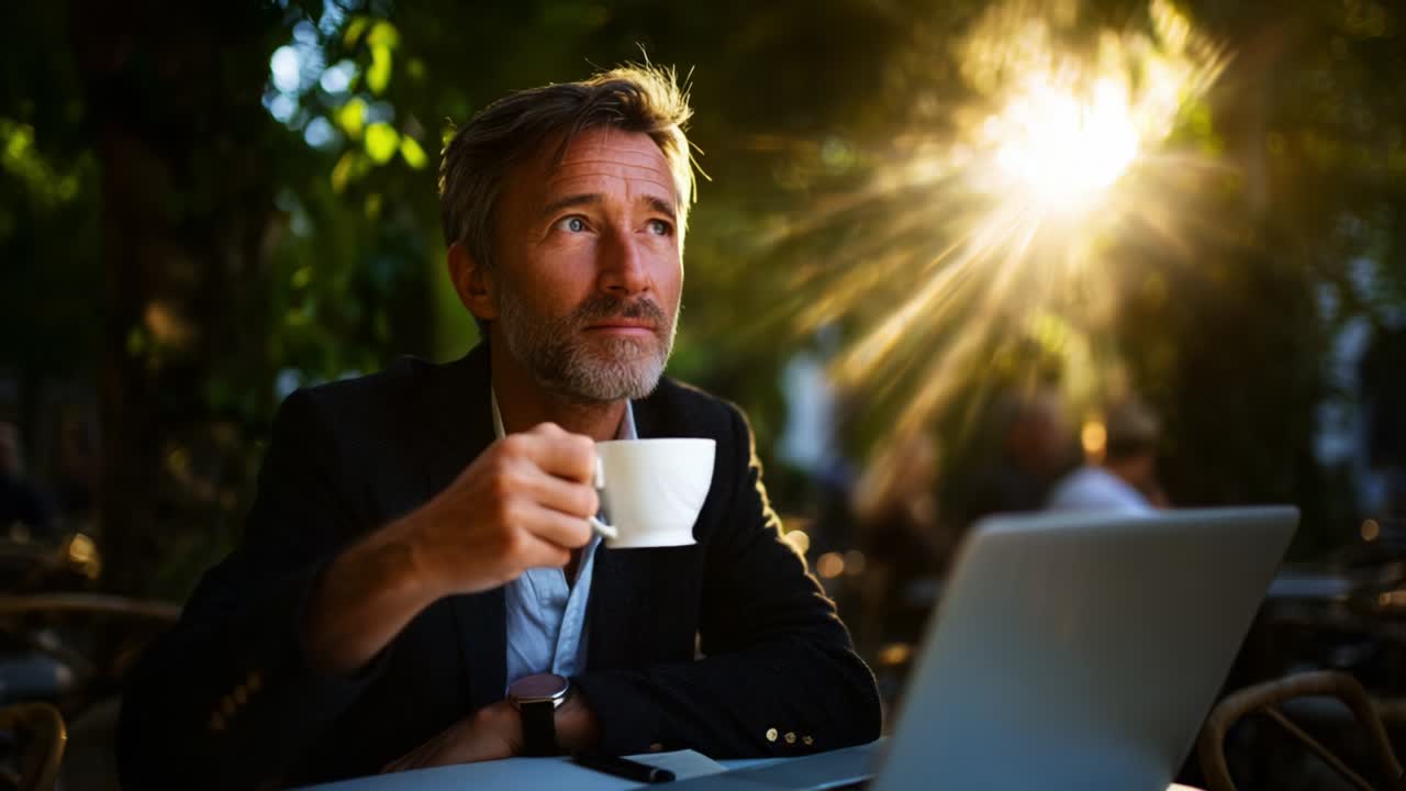 A Pensive Moment: Reflecting With Coffee and Laptop in a Tranquil Outdoor Setting as the Sunlight Filters Through the Leaves, Creating a Serene Atmosphere for Contemplation and Creativity
