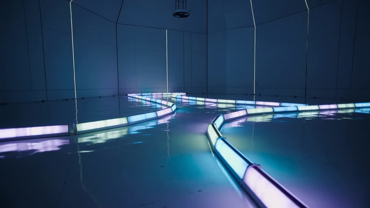 Dolly camera che avanza verso tubi LED segmentati in galleria, mostrando variazioni di colore.