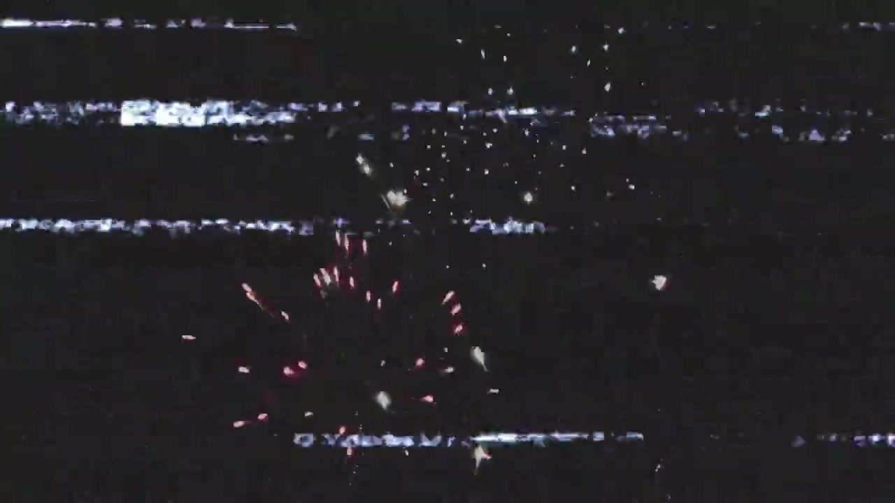 On glitch flicker appearing, firework shells launching and exploding over night sky for celebration