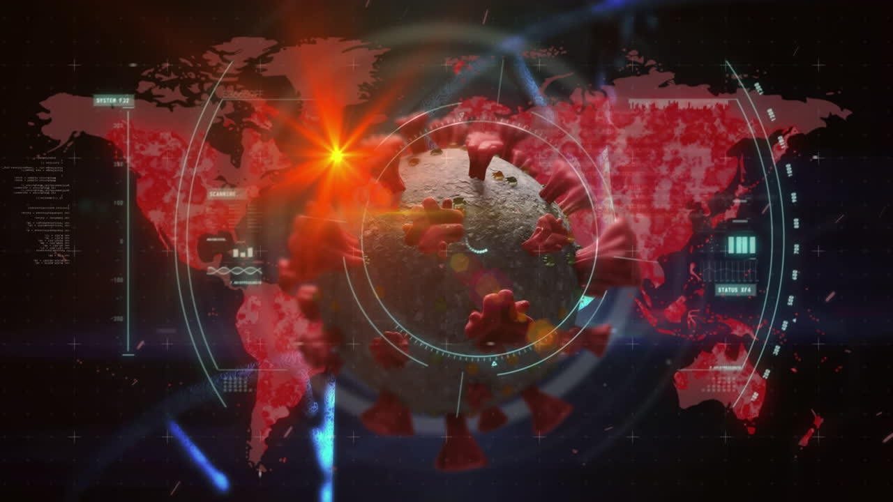 Animation of virus cell, dna and world map on black background