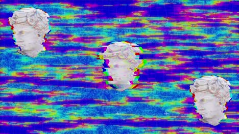 Animation-of-three-antique-head-sculptures-with-glitch-on-multi-coloured-background