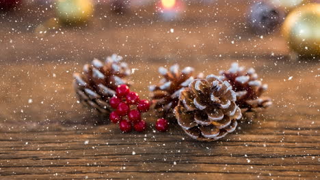 falling snow with christmas pine cone decoration